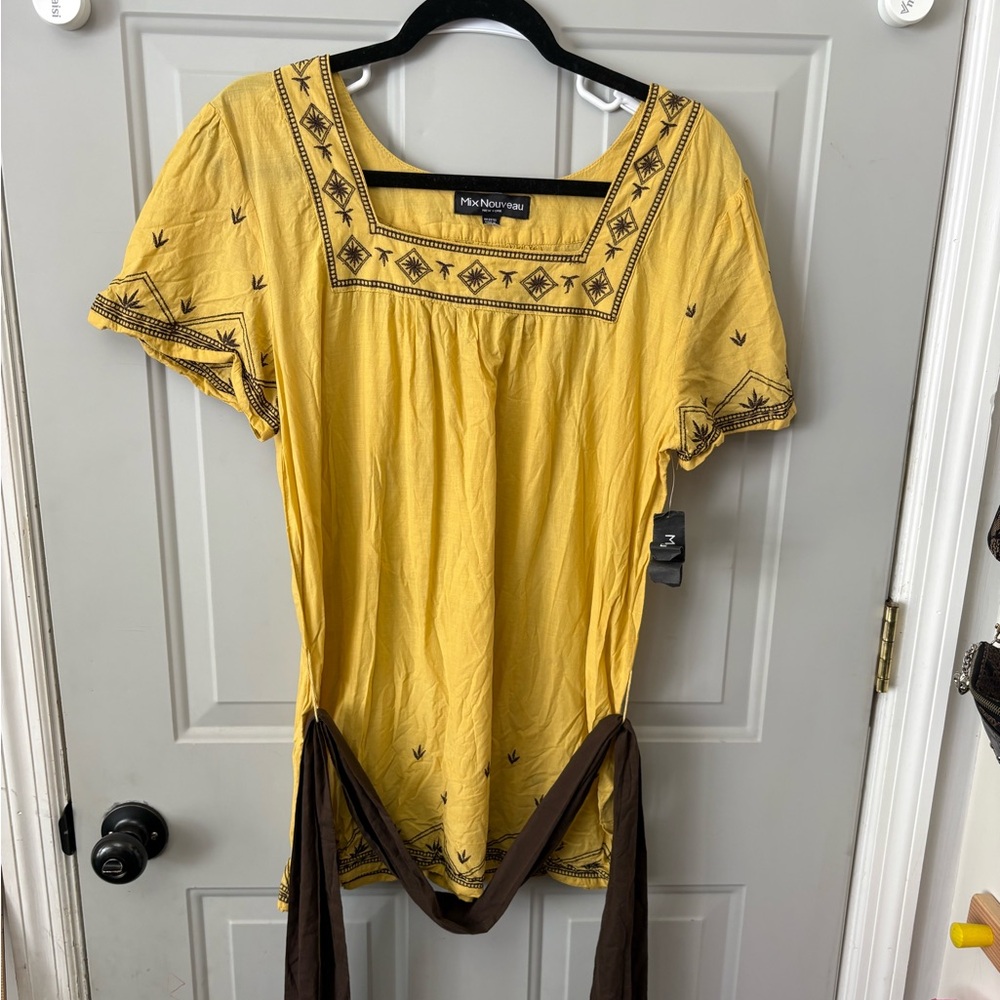 Mix Nouveau Yellow Embroidered Square-Neck Tunic with Brown Tie Details
